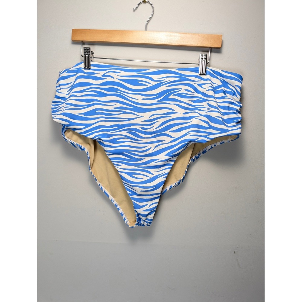 Blue White Zebra Print High Waisted Bikini Set Twist Front Ruched Swimsuit - Picture 7 of 10